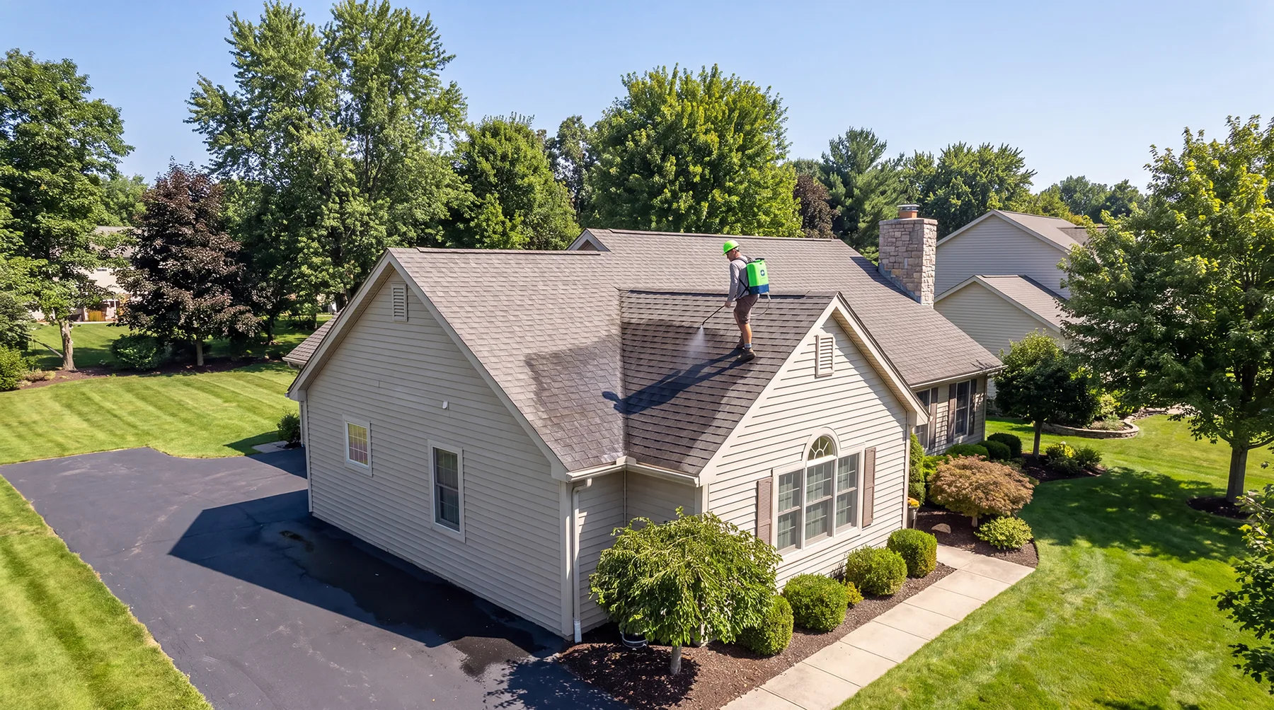 Aerial view of a Fortress Roofing Systems technician spray-applying Fortress Armor Pro across a shingle roof